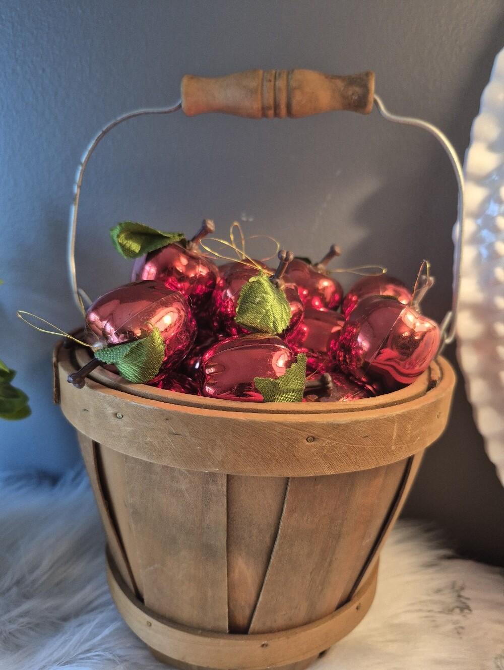 Vintage Metallic Plastic Apple Christmas Ornaments (60) And Antique Basket